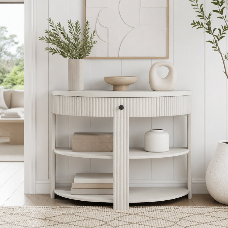 Console cannelée demi-lune avec tiroir et tablettes, Crème
