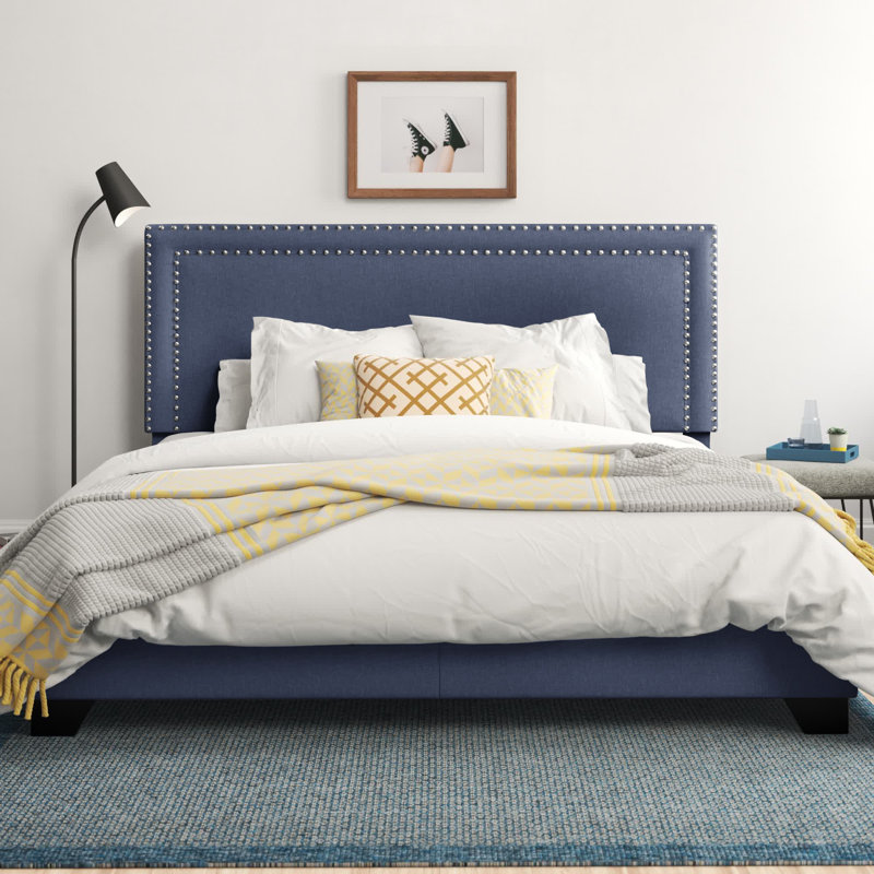 Charlie Upholstered Standard Bed, Denim Blue, Twin, Nickel