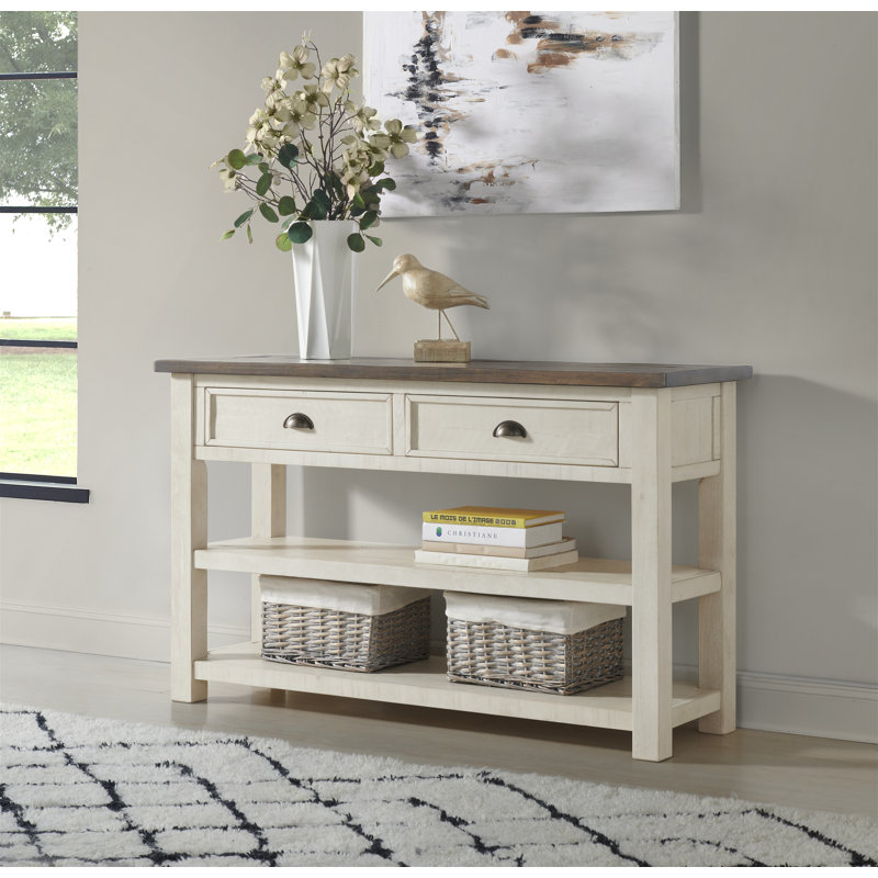 Console en bois massif 50 "Holliman, Blanc crème / brun