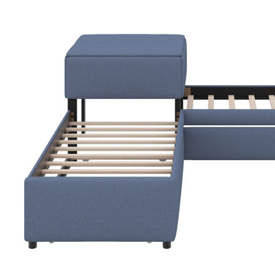 Lit plateforme simple tapissier en forme de L avec tiroirs gigognes et bureau intégré