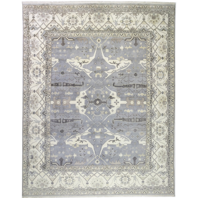 Tapis crème / bleu oriental en laine noué à la main 5 pi 1 po x 6 pi 8 po Oriental