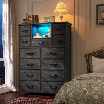 Commode haute Ã  13 tiroirs pour chambre Ã  coucher, avec tablettes ouvertes et Ã©clairage DEL, commode avec station de recharge