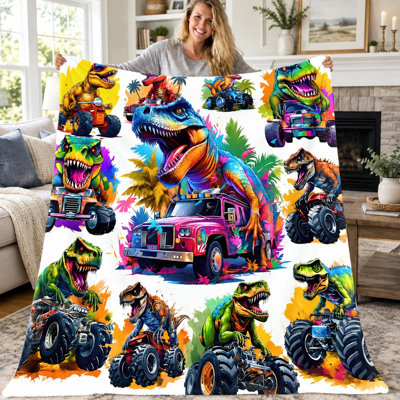 1pc Dinosaur Truck Throw Blanket, Cartoon Jurassic Rex Monster Vehicle Flannel Blanket, Super Soft Cozy Lightweight Warm Blanket for Sofa Bed Living Room Dorm Office Travel, Home Decor All‑Season Blanket, Machine Washable, Holiday Gift