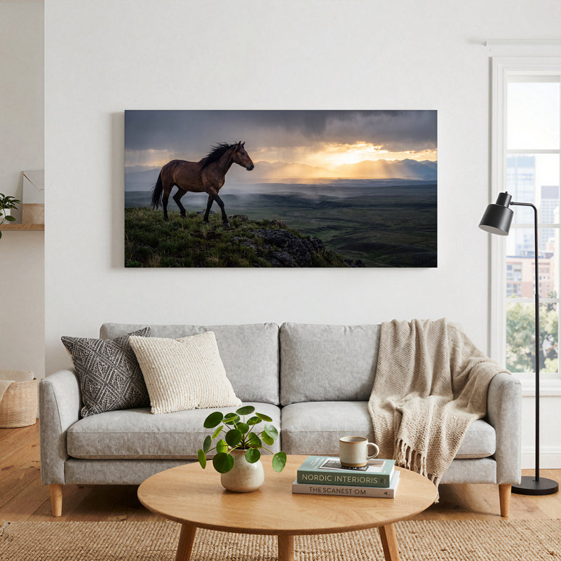 «Brown Horse on Grassy Hill with Mountain Sunset», art mural sur toile, L 40 po x H 20 po