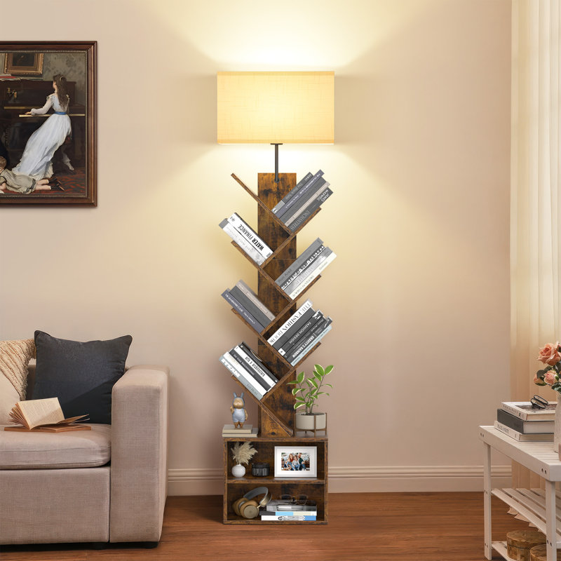 Bookcases With Led Light And Remote Control, 7-tier 2 Drawer Column Floor Lamp, Brown Wood