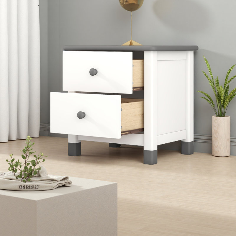 Wooden Nightstand With Two Drawers For Kids, White/Grey