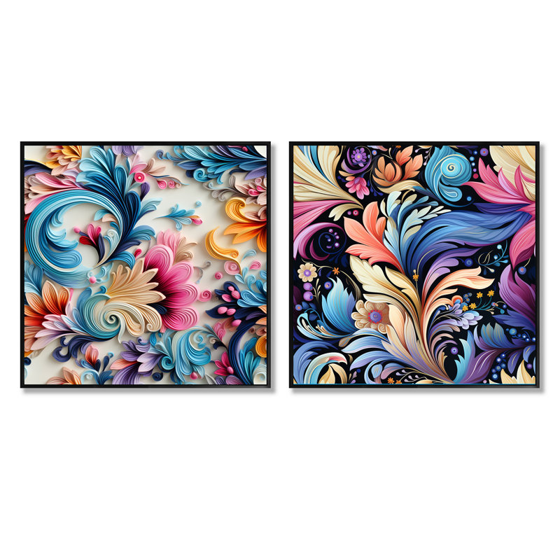 Froehlich - Ensemble de 2 collages carrés botaniques abstraits, Cadre flottant noir, H 36 po x l 73 po