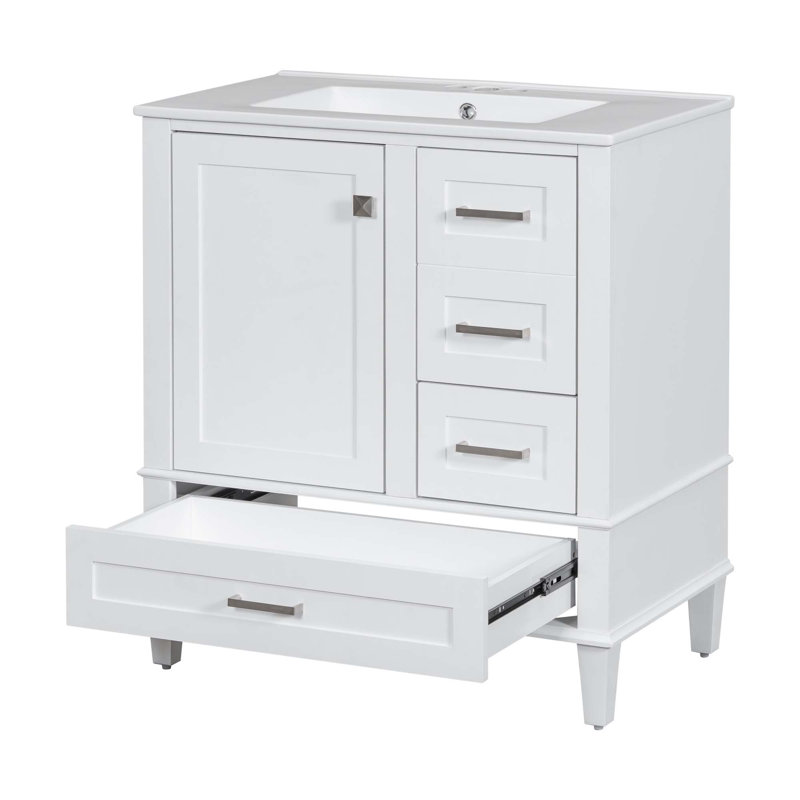 Meuble-lavabo moderne avec lavabo, 1 porte à fermeture douce et 3 tiroirs, Blanc