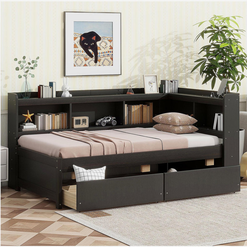Lit superposé en forme de L avec prise de courant, port de chargement USB et deux tiroirs, Lit simple, Espresso