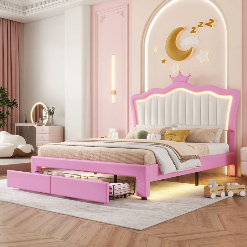 Structure de lit tapissier avec lumières DEL, lit princesse rembourré moderne, Double, Blanc / Rose, Non