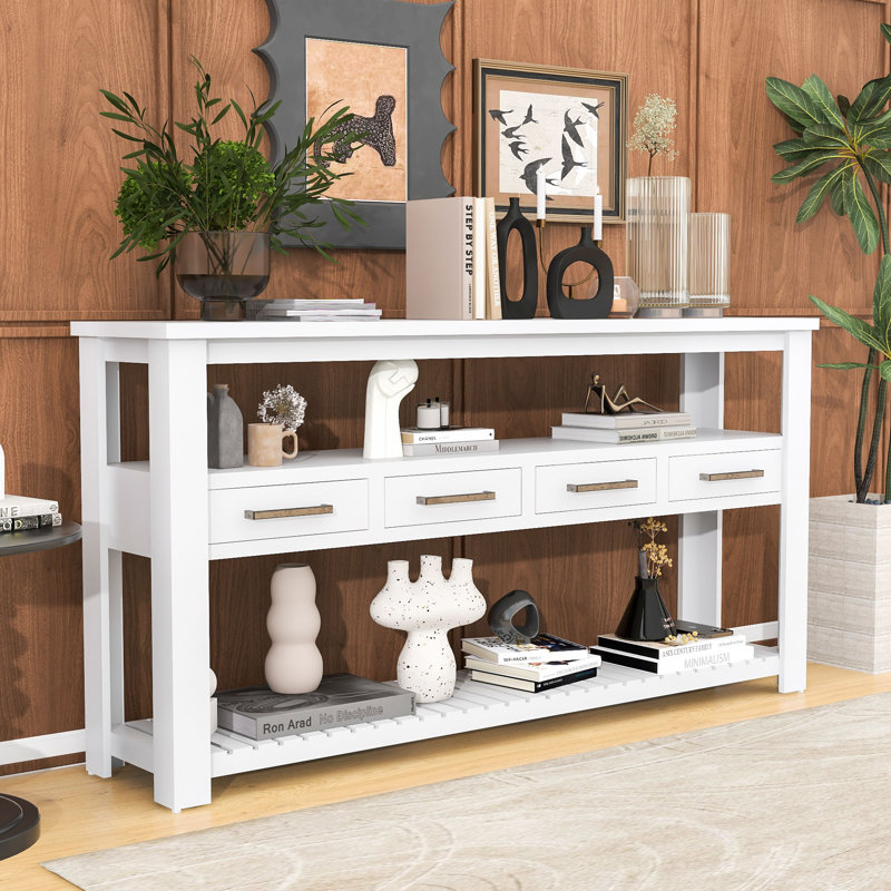 Eco-Friendly Console Table with Metal Handles and Ample Storage, White