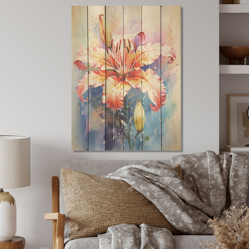 Aquarelle, fleur de lys corail, tranquillité I - lys, art mural sur bois de pin naturel, H 40 po x l 30 po