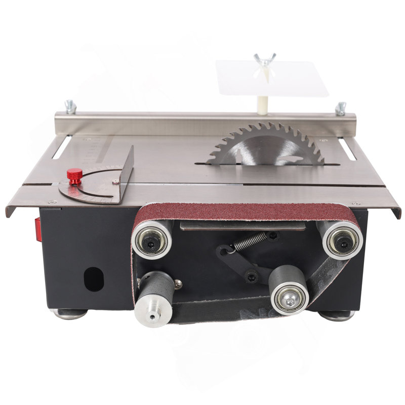 Mini scie à table, ponceuse à bande, plateau en acier inoxydable, 4 pales, ponceuse 10 pièces, 7 vitesses réglables à un angle de 0 à 90 °, disponible pour le bois / circuit imprimé / acrylique / plastique, outil de bricolage