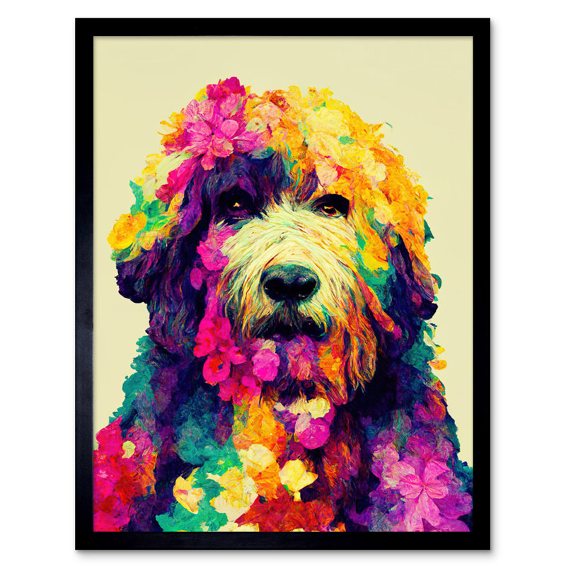 Vibrant Floral Labradoodle Dog Portrait - Single Picture Frame Print, 25.9cm H x 20.6cm W x 1.5cm D