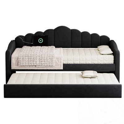 Twin Size Velvet Upholstered Daybed With Trundle And USB Charging Ports by Mercer41