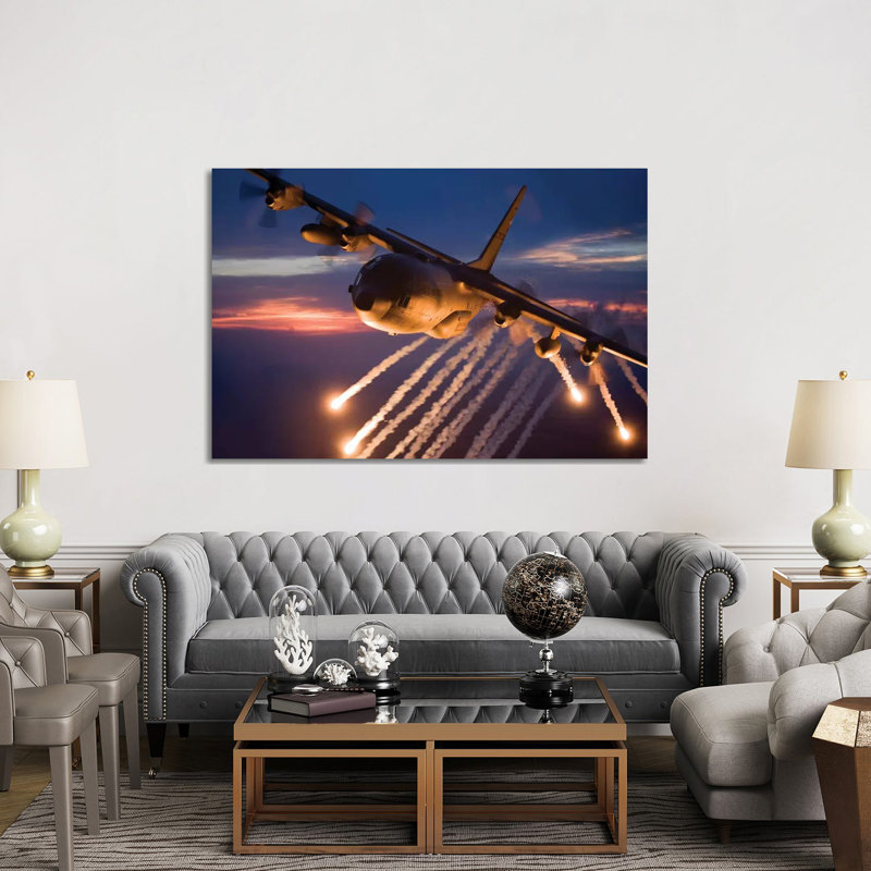 C-130 Hercules Releases Flares During A Mission Over Kansas by HIGH-G Productions - Wrapped Canvas Print