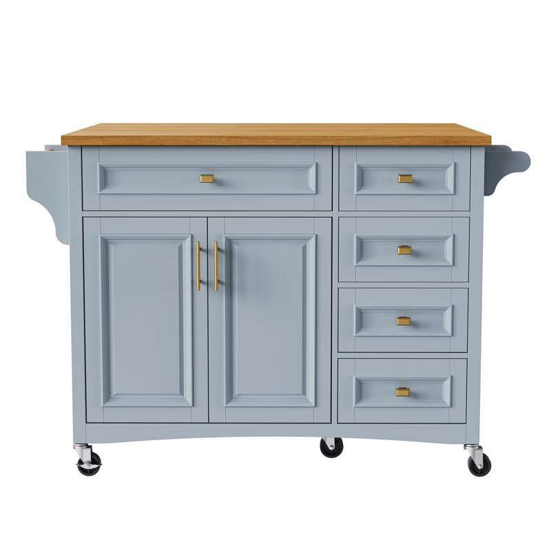 Îlot de cuisine 52 po avec abattant, étagère à épices, serviette 2 portes, 5 tiroirs, tablette réglable, composants en métal, poignées de tiroir bleu gris,