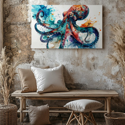 Art mural mural pieuvre aquarelle abstraite, art de la vie marine, toile prête à accrocher, décoration moderne