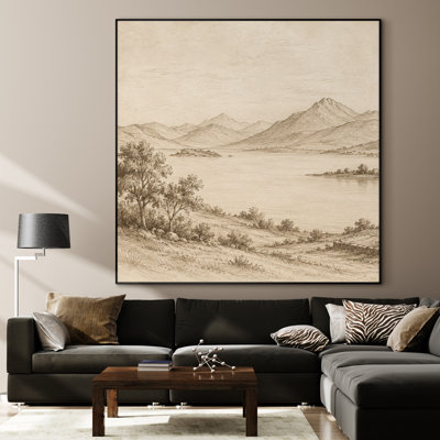 Très grand, reproduction d'art sur tissu mural - paysage de paysage de lac de montagne brun clair - "Assemblage requis (cadre non fini)"