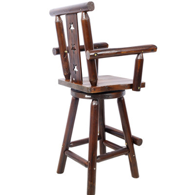 Rustic Bar Stool - Fir Wood Construction, Chair Withdecorative Star Backrest, Footrest,Wide Armrest, Rustic Kitchen Stool, Tall Bistro Chair For Dining Room, Restaurant, Pub, 4-Foot,Brown Color
