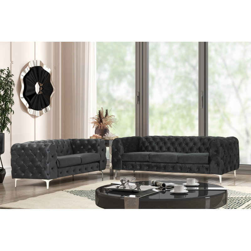 Gladys 2- Piece Velvet Livingroom Set, Black, Silver