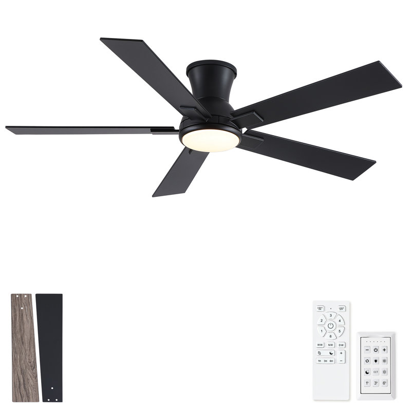 52" Matte Black Modern Low Profile Flush Mount Intergrated LED Ceiling Fan with Light and Reversible Quiet Motor