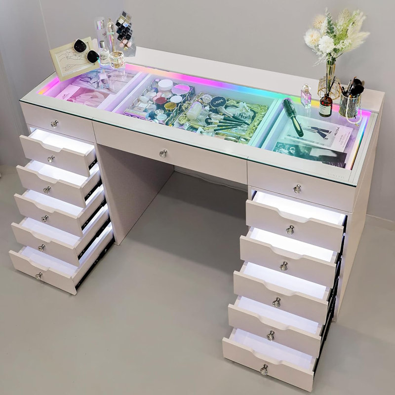 Makeup Vanity Desk HD Glass Top Built-in RGB Light Strips Large 13 Drawers Diamond Handles USB and Type-C, White
