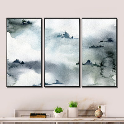 Forêt d'hiver minimaliste avec sapins enneigés - peinture sur toile flottante 3 pièces