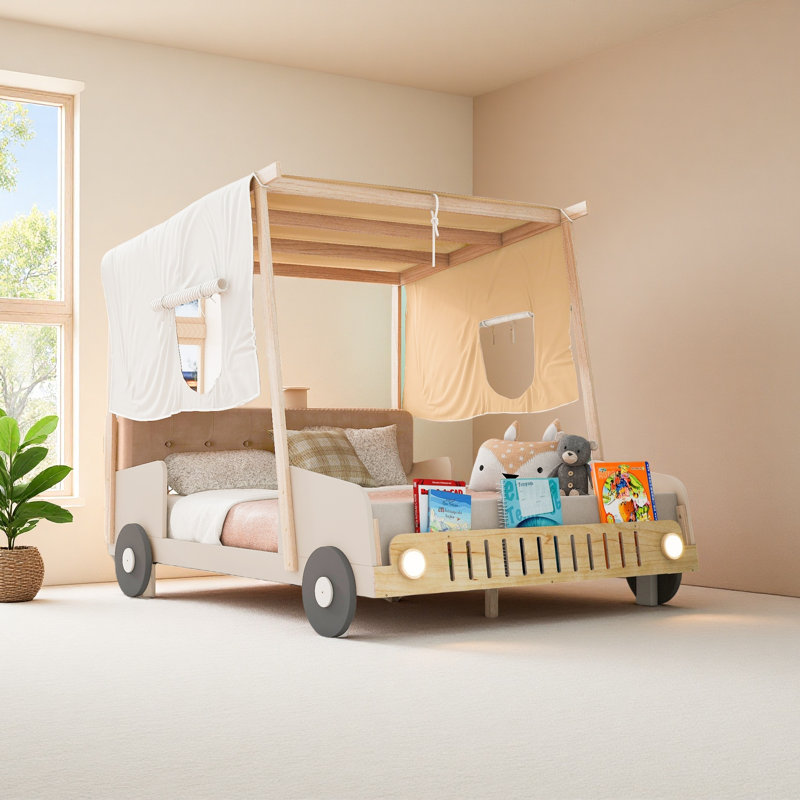 Lit voiture en bois avec coussin, toile de plafond et DEL, Lit double