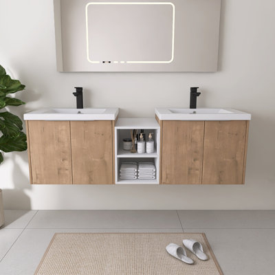 Acorn 60" Wall Mounted Double Bathroom Vanity Set With Resin Sink，A Small Storage Shelf