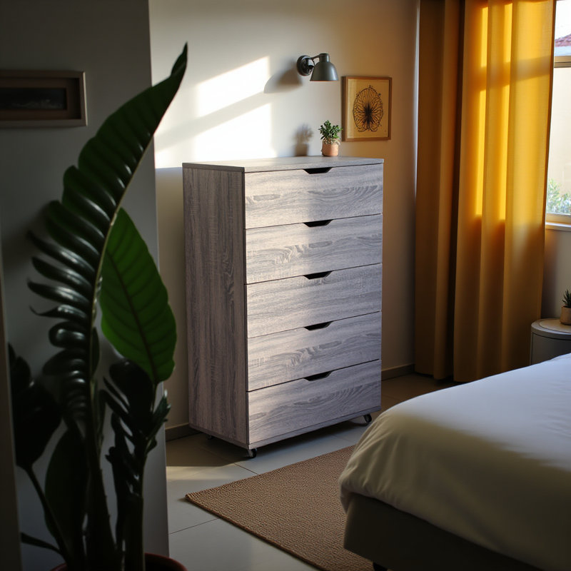 Commode de rangement grise à 5 tiroirs avec roulettes - Armoire de rangement moderne