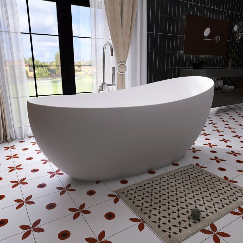 63” Moon Design Freestanding Soaking Bathtub Solid Surface Tub In White Freestanding Tubs