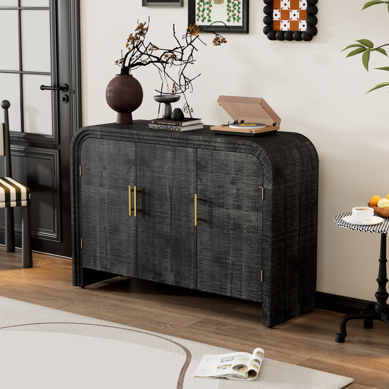 Retro Minimalist Curved Sideboard with Gold Handles and Adjustable Dividers, Antique Black