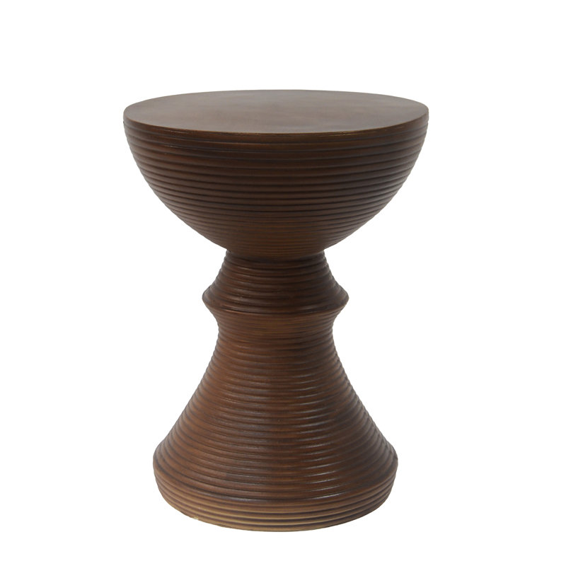 16" Ribbed Brown Concrete Outdoor Side Table With Hourglass Design – Weather-Resistant Accent For Patio, Garden, Or Balcony