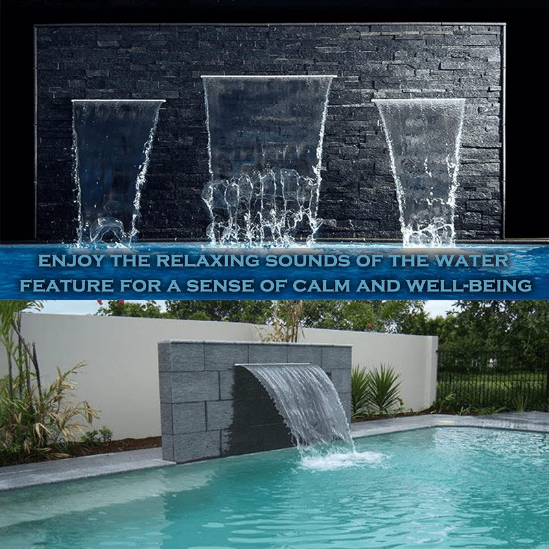 Fontaine de piscine d'extérieur en acier inoxydable avec cascade de piscine (35,4 po x 4,5 po x 3,1 po)