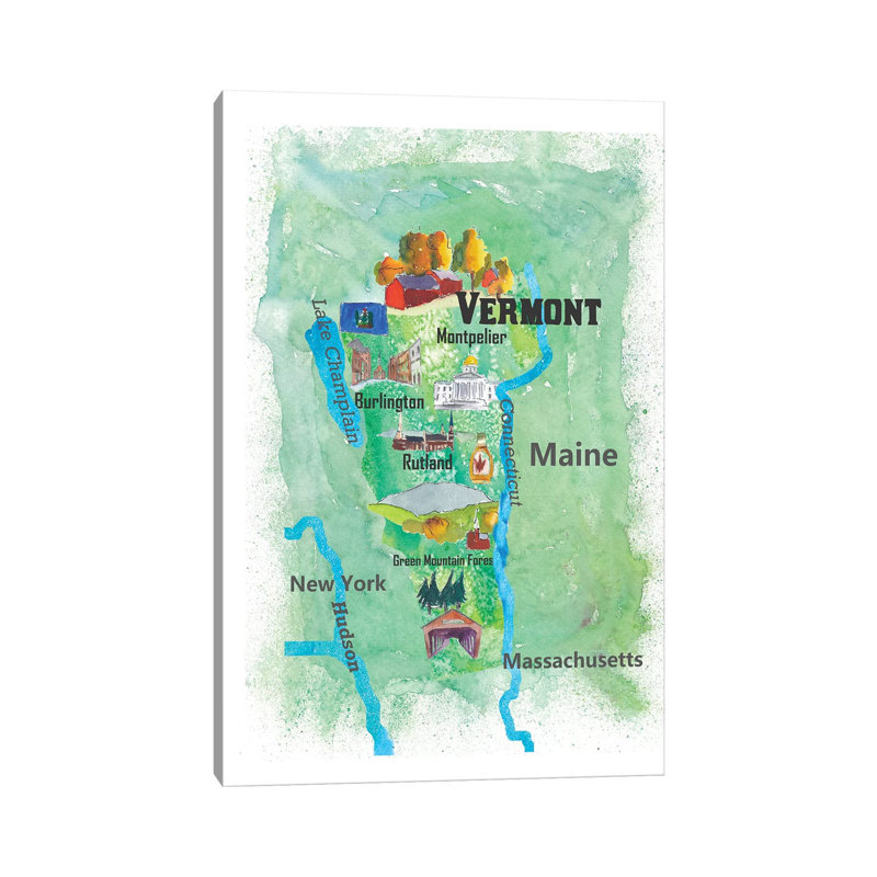 «The USA, Vermont State Travel Map» par Markus et Martina Bleichner, impression sur toile tendue
