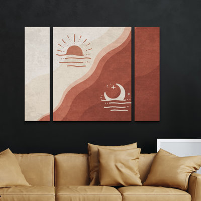 Ensemble de 3 panneaux - Emel Tunaboylu «Moon and Sun Terracotta», art mural sur toile pour le salon, la chambre à coucher ou le bureau 