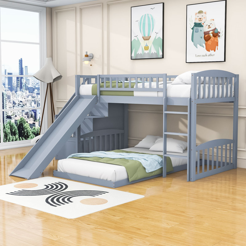 Ilaina Kids Twin over Twin Wood Bunk Bed with Slide, Gray