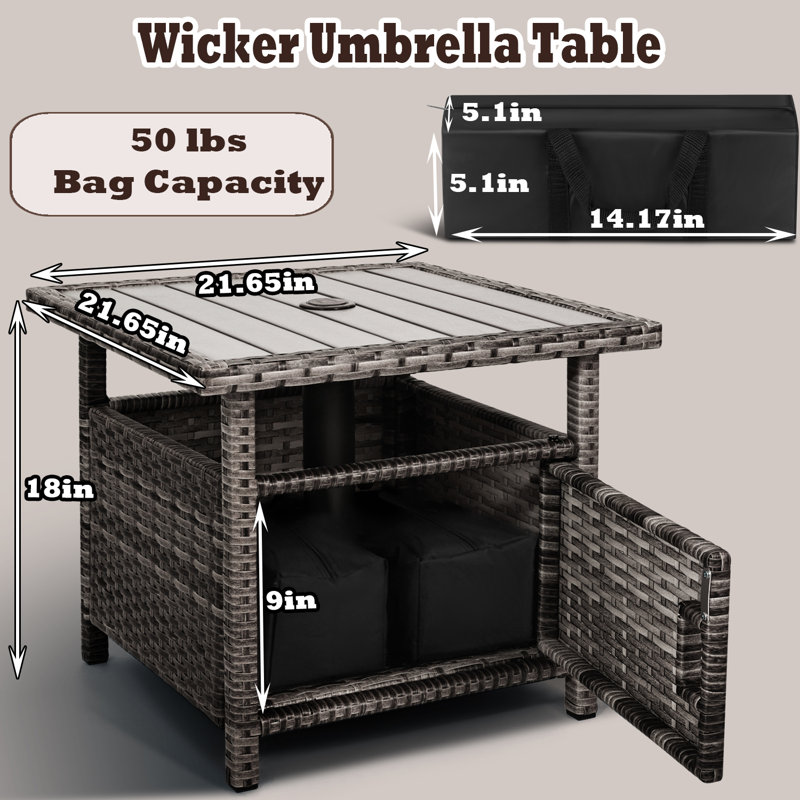 Table d'appoint pour l'extérieur avec trou pour parasol et petit support pour parasol en osier gris avec 2 sacs de poids