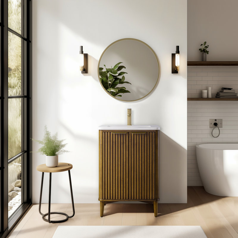 Ensemble de meuble-lavabo autoportant simple 24 po en brume de noyer avec plateau en pierre d'ingénierie Tavoleto Tavoleto