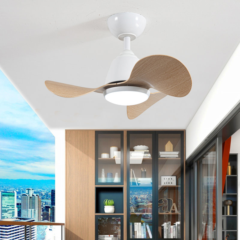 Ventilateur de plafond lumineux moderne avec télécommande 3 lumières DEL Cian, Bois jaune moyen, Blanc