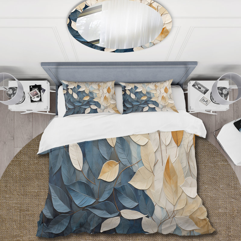 Ensemble de housse de couette beige et bleu Minimalisme Leaves Collage - Feuilles