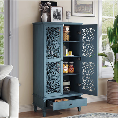 Armoire de rangement rustique de 55 po de hauteur avec tiroir, armoire décorative en bois sculpté à 2 portes avec pieds en bois massif pour le salon, le couloir et la salle à manger