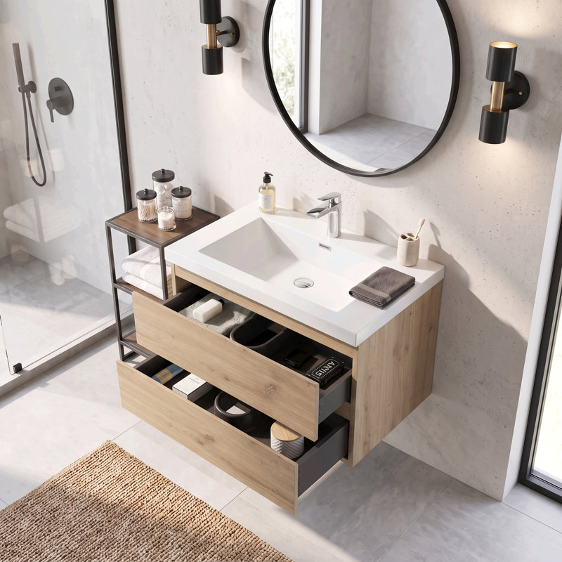 Meuble-lavabo suspendu en mélamine de bois de 75 cm (29,53 po) avec portes à fermeture amortie et lavabo intégré en résine, entièrement assemblé.