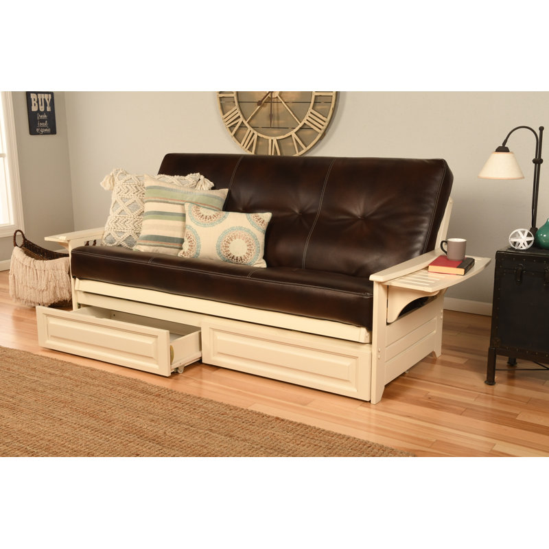 Ensemble de futon double avec matelas et tiroir Stratford, Ressorts hélicoïdaux, Blanc antique, Brun java