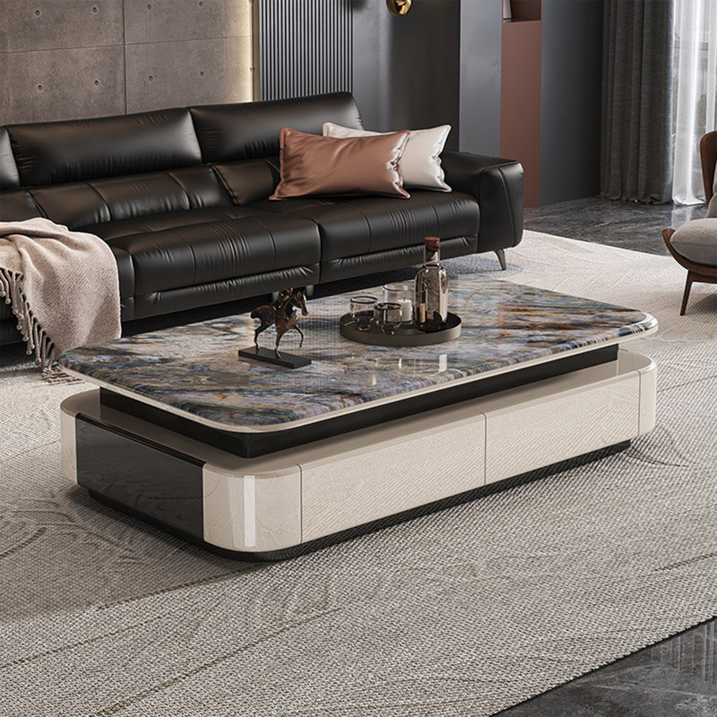 Table basse en pierre micro-cristalline avec rangement, H 16,5 po x L 55,1 po x l 27,6 po, Noir / blanc / brun