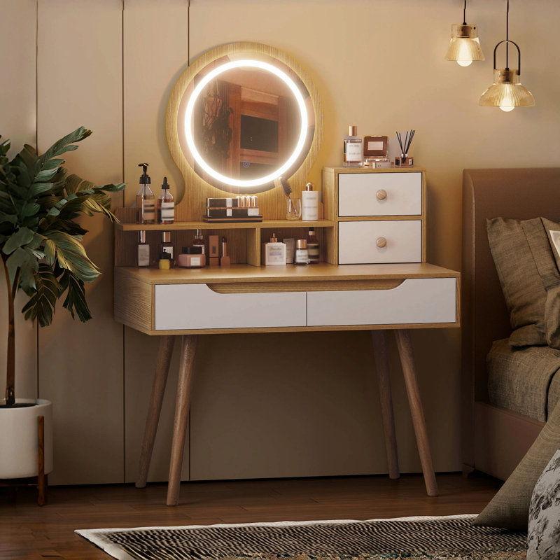 Makeup Vanity Desk With 3 Adjustable Lighted Mirror With Solid Wood Table Feet , Dressing Table Set With 4 Drawers And 3 Open Shelves  For Small Space Bedroom