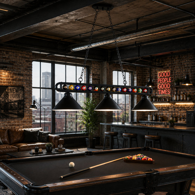 Brough 3 - Pool Table Billiard Ball Linear Pendant By RAM Game Room, Matte Black/Matte Black
