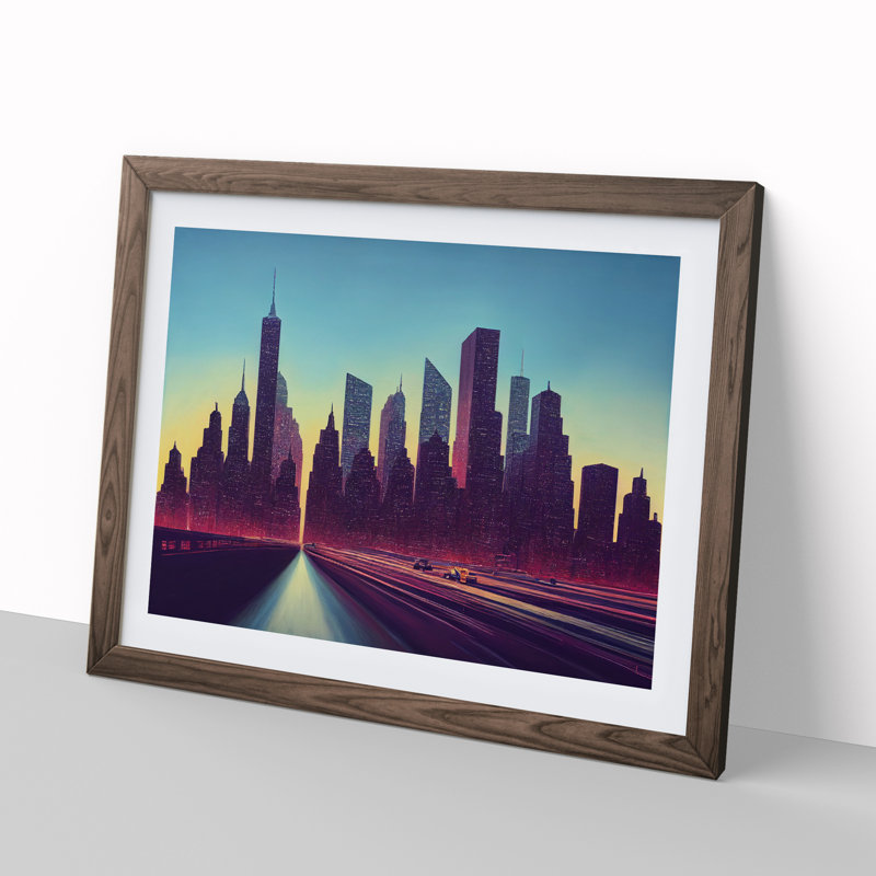 Cyberpunk New York Skyline Vol.2 - Framed Print, 46cm H x 64cm W x 2cm D, Walnut