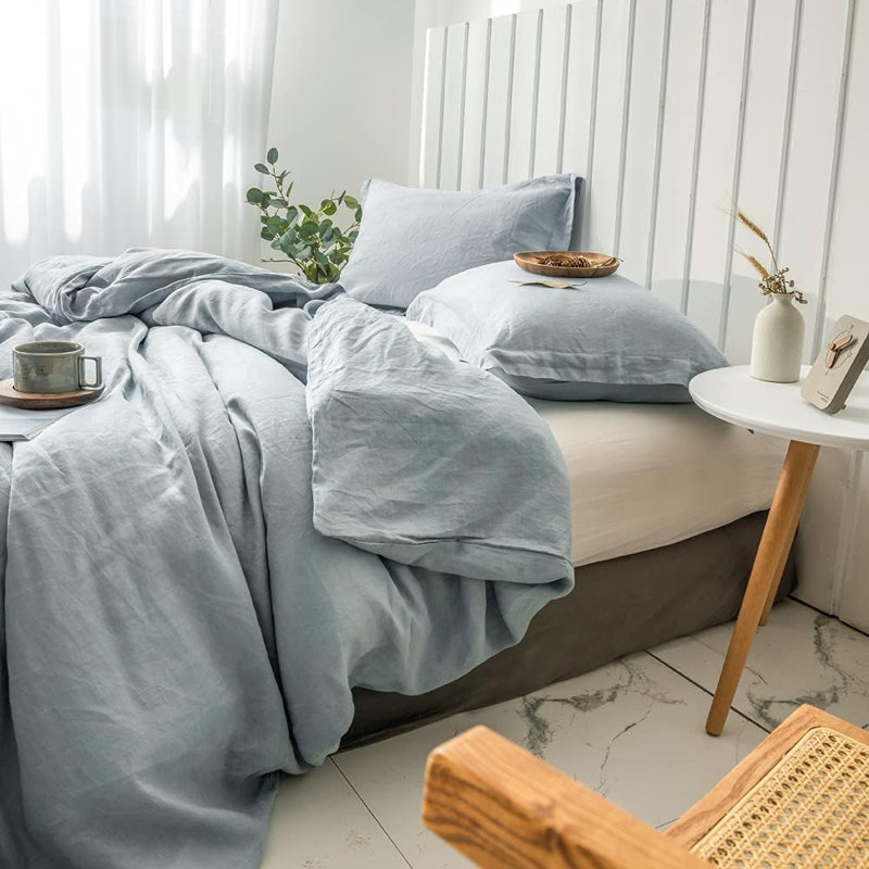 Ensemble de housse de couette 100% lin, Housse de couette simple + 1 taie d'oreiller, Bleu cendré